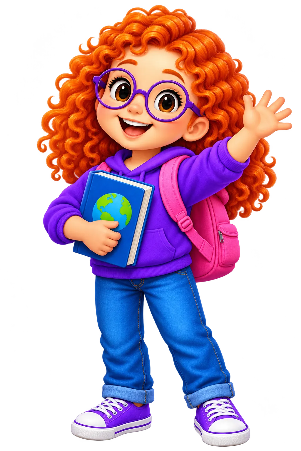 Lily, menina ruiva de óculos acenando