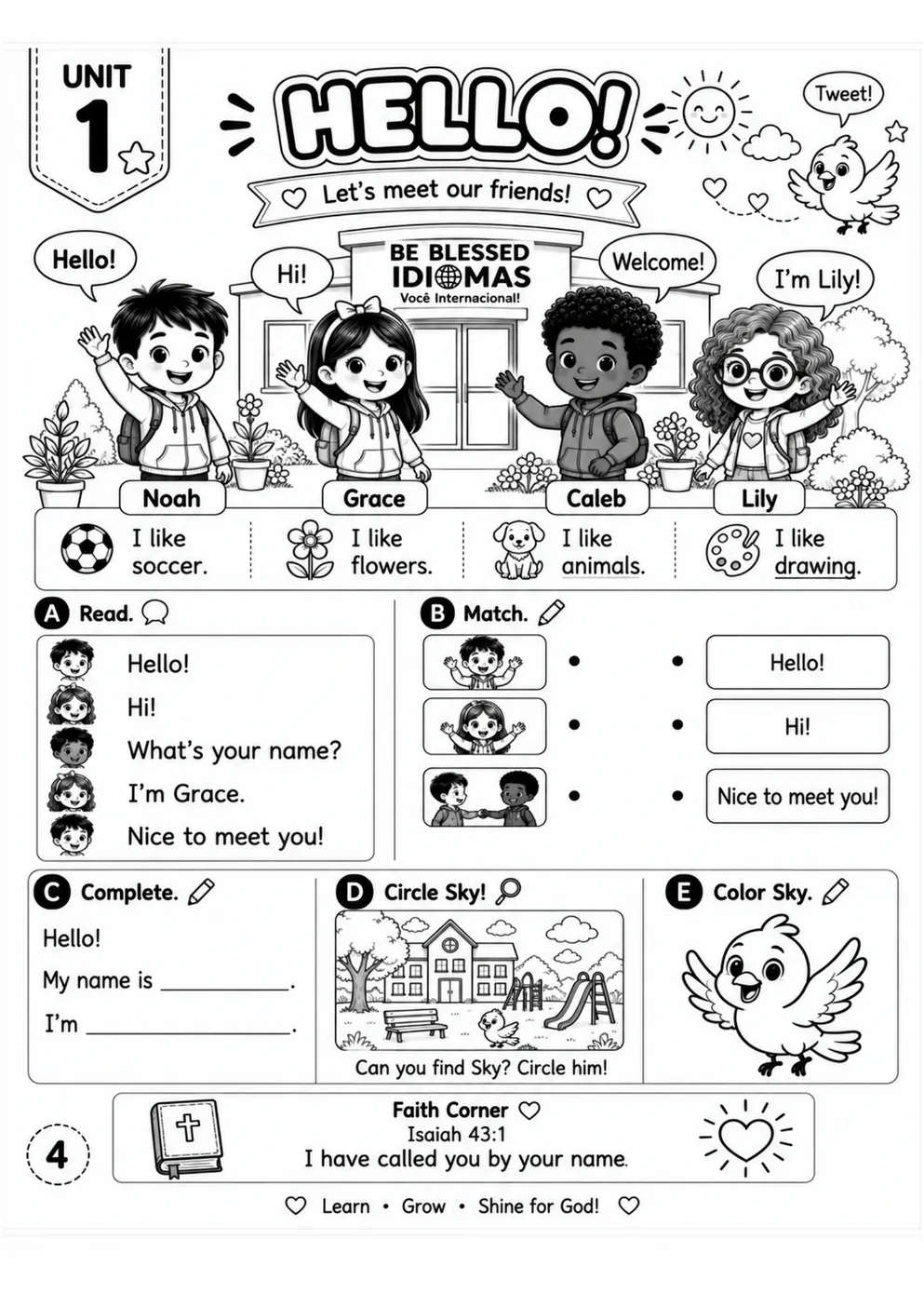 Página 4 do workbook: Hello! e Let's Learn